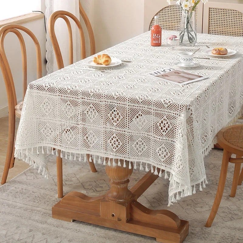 Bluejw American Pastoral Style Handmade Beige white Cotton Crochet Lace Tassel Hollowed Out Tablecloth home decoration table cover pad - Image 1